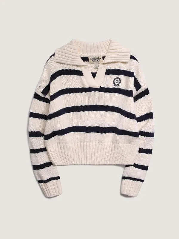 WHO.A.U  |Emblem Stripe Collar Pullover (2Colors)  WHKAD2391F