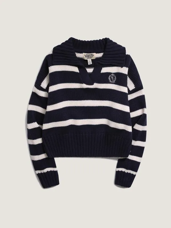 WHO.A.U  |Emblem Stripe Collar Pullover (2Colors)  WHKAD2391F