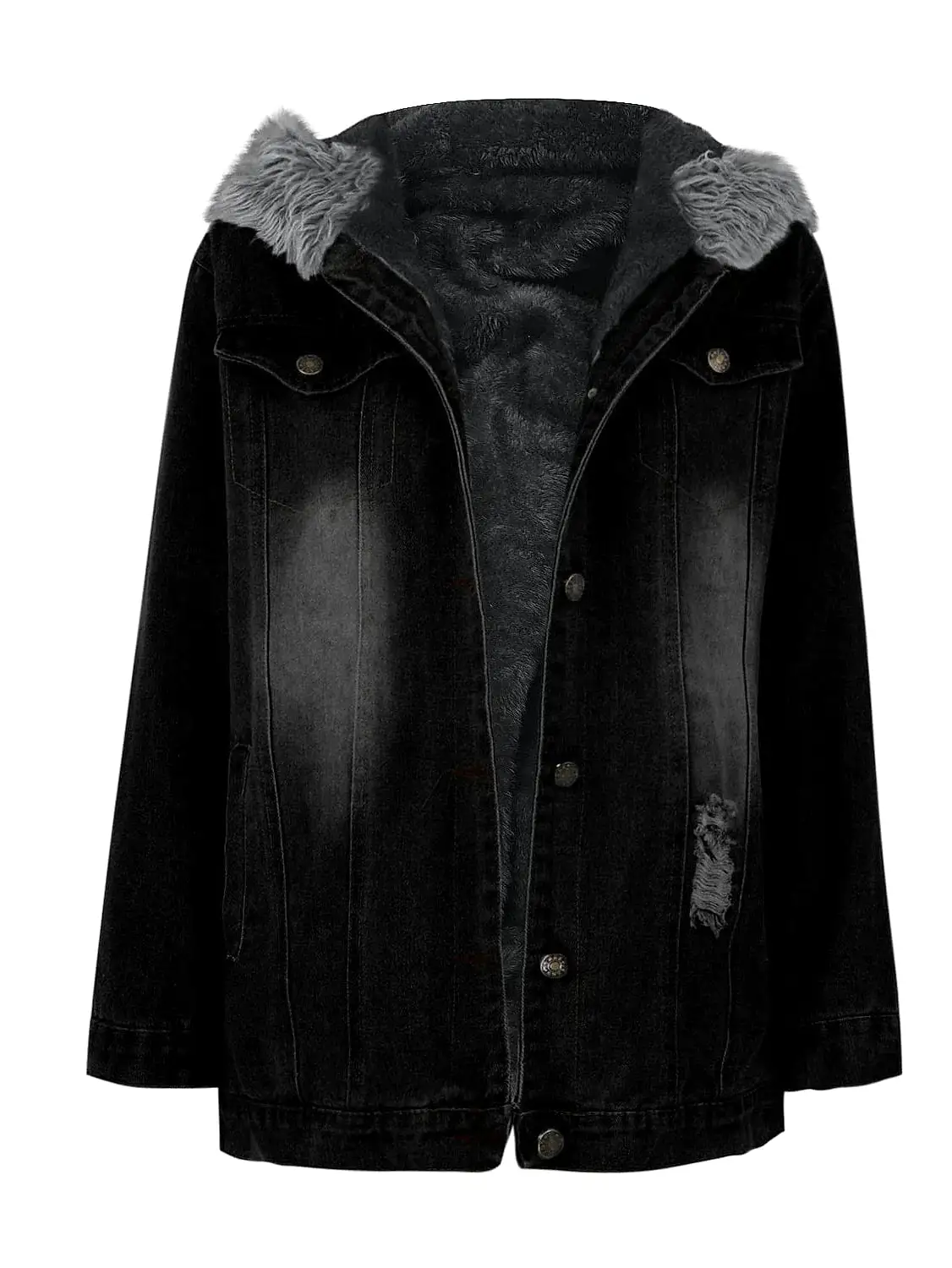 Women's Denim Jacket with Detachable Hood and Faux Fur Trim